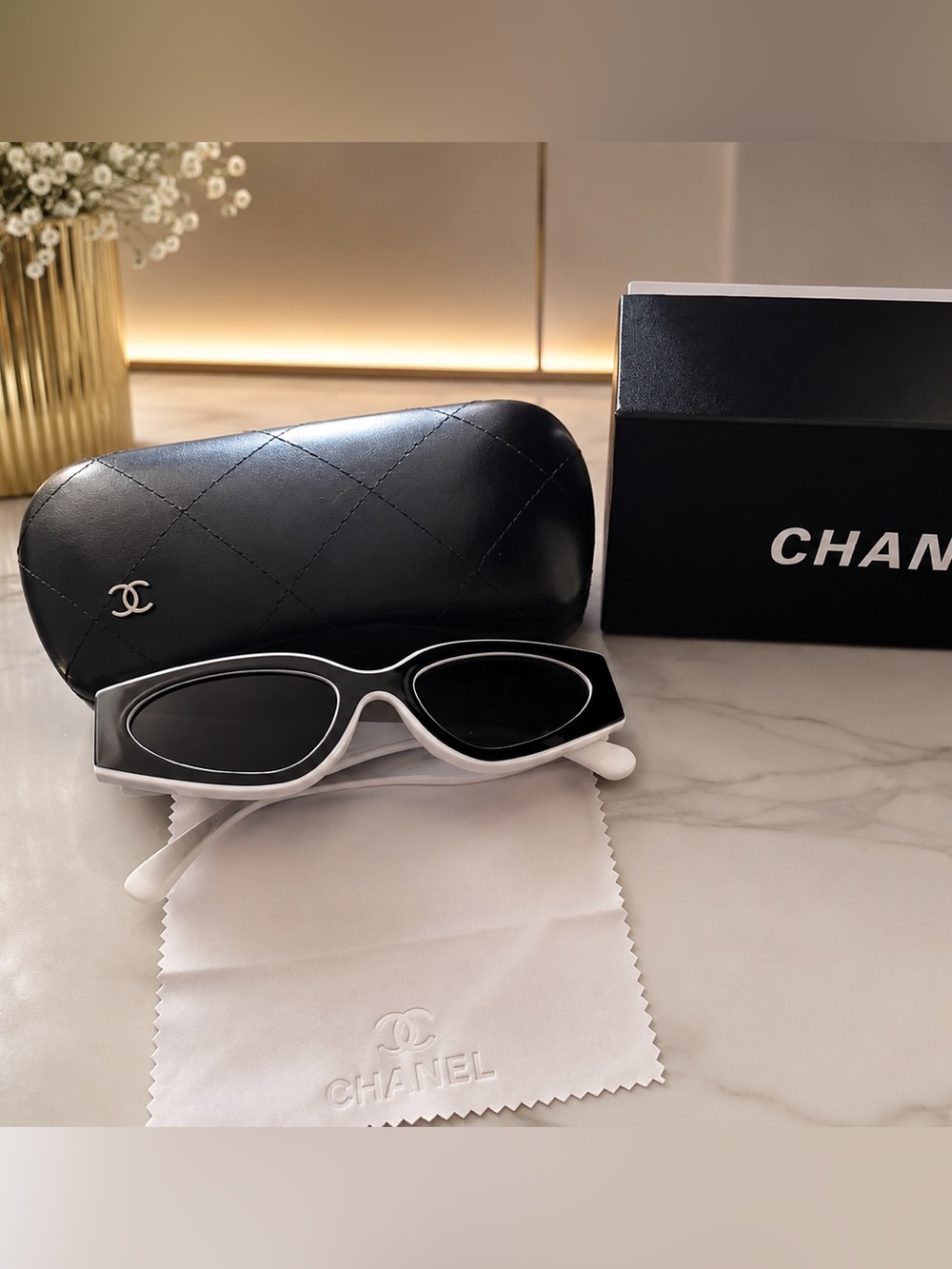 CHANEL Black & White Cat-Eye Sunglasses